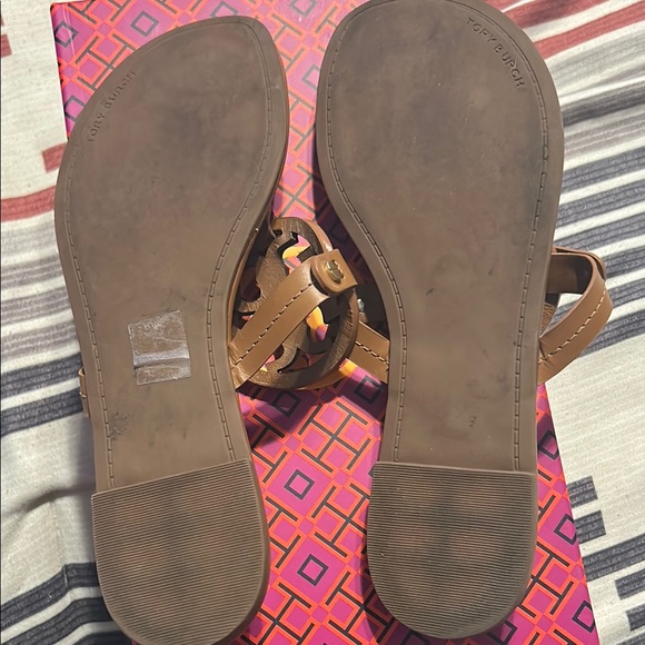 Tory Burch Miller Calf Leather Brown Sandals with Iconic Medallion - Picture 3 of 8